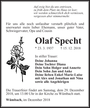 Traueranzeige von Olaf Specht von Südthüringer Presse