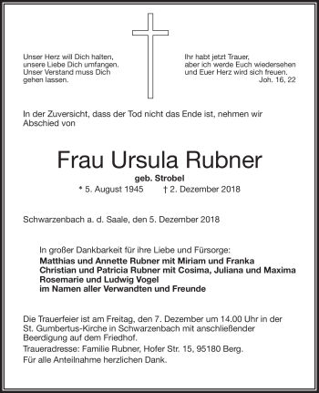Traueranzeige von Ursula Rubner von Frankenpost