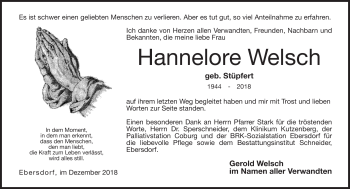 Traueranzeige von Hannelore Welsch von Neue Presse Coburg