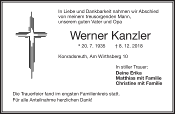 Traueranzeige von Werner Kanzler von Frankenpost