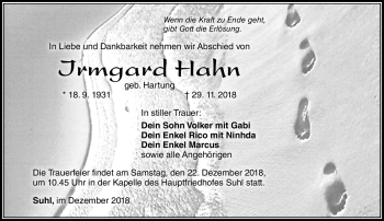Traueranzeige von Irmgard Hahn von Südthüringer Presse
