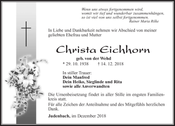 Traueranzeige von Christa Eichhorn von Südthüringer Presse