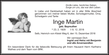 Traueranzeige von Inge Martin von Frankenpost