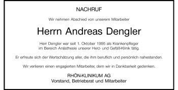 Traueranzeige von Andreas Dengler von Südthüringer Presse