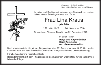 Traueranzeige von Lina Kraus von Frankenpost