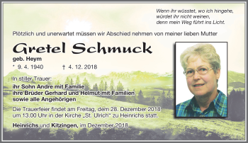 Traueranzeige von Gretel Schmuck von Südthüringer Presse