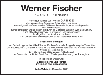 Traueranzeige von Werner Fischer von Südthüringer Presse