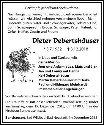 Traueranzeige von Dieter Debertshäuser von Südthüringer Presse
