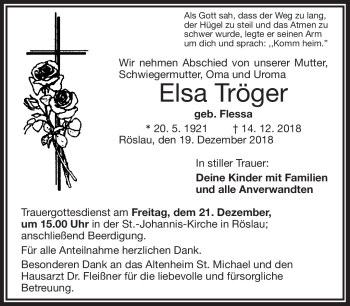 Traueranzeige von Elsa Tröger von Frankenpost