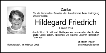 Traueranzeige von Hildegard Friedrich von Neue Presse Coburg