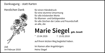Traueranzeige von Marie Siegel von Frankenpost