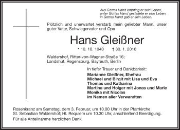 Traueranzeige von Hans Gleißner von Frankenpost