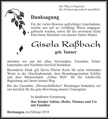 Traueranzeige von Gisela Raßbach von Südthüringer Presse