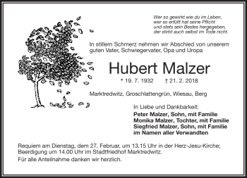 Traueranzeige von Hubert Malzer von Frankenpost