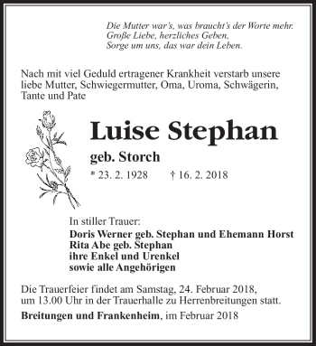 Traueranzeige von Luise Stephan von Südthüringer Presse
