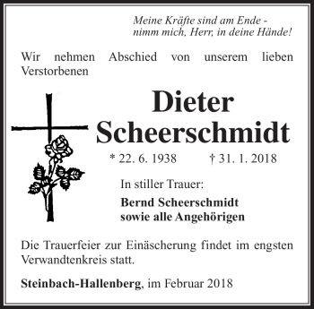 Traueranzeige von Dieter Scheerschmidt von Südthüringer Presse