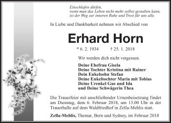 Traueranzeige von Erhard Horn von Südthüringer Presse