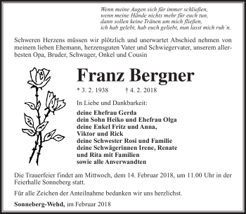 Traueranzeige von Franz Bergner von Südthüringer Presse