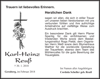 Traueranzeige von Karl-Heinz Reuß von Südthüringer Presse