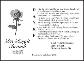Traueranzeige von Birgit Brandtd von Südthüringer Presse