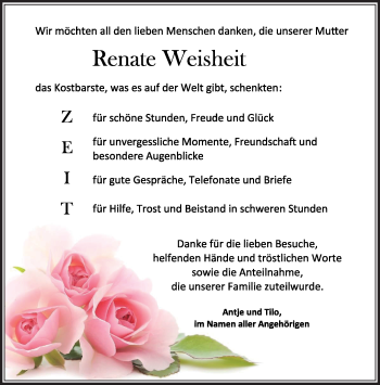 Traueranzeige von Renate Weisheit von Südthüringer Presse