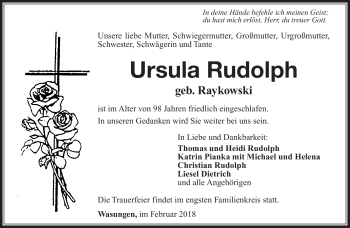 Traueranzeige von Ursula Rudolph von Südthüringer Presse