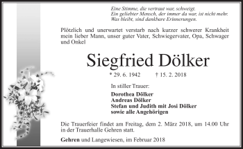 Traueranzeige von Siegfried Dölker von Südthüringer Presse