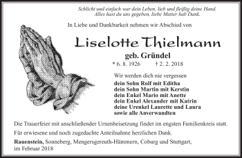 Traueranzeige von Liselotte Thielmann von Südthüringer Presse
