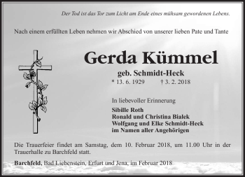 Traueranzeige von Gerda Kümmel von Südthüringer Presse