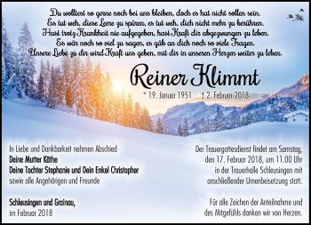 Traueranzeige von Reiner Klimmt von Südthüringer Presse