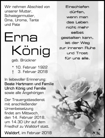 Traueranzeige von Erna König von Südthüringer Presse