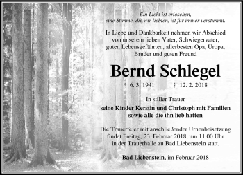 Traueranzeige von Bernd Schlegel von Südthüringer Presse