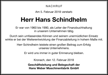 Traueranzeige von Hans Schindhelm von Neue Presse Coburg