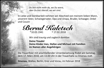 Traueranzeige von Bernd Kaletsch von Südthüringer Presse
