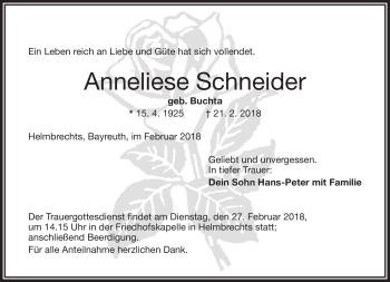 Traueranzeige von Anneliese Schneider von Frankenpost