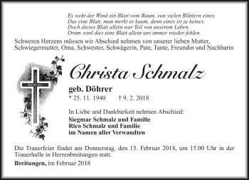 Traueranzeige von Christa Schmalz von Südthüringer Presse
