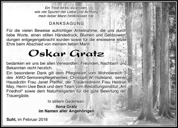Traueranzeige von Oskar Gratz von Südthüringer Presse