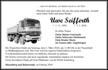 Traueranzeige von Uwe Seifferth von Südthüringer Presse
