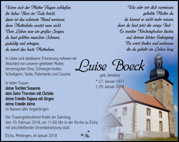 Traueranzeige von Luise Boeck von Südthüringer Presse