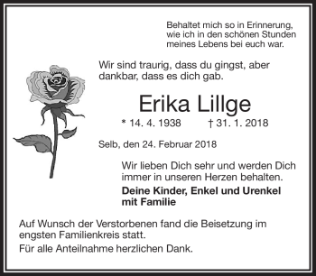 Traueranzeige von Erika Lillge von Frankenpost