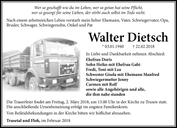 Traueranzeige von Walter Dietsch von Südthüringer Presse