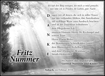 Traueranzeige von Fritz Nummer von Südthüringer Presse