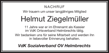 Traueranzeige von Helmut Ziegelmüller von Frankenpost