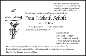 Traueranzeige von Lisbeth Scholz von Frankenpost