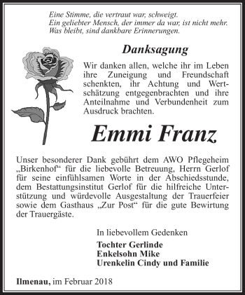 Traueranzeige von Emmi Franz von Südthüringer Presse