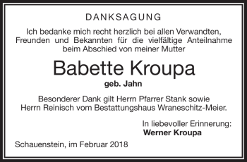 Traueranzeige von Bebette Kroupa von Frankenpost