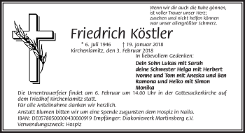 Traueranzeige von Friedrich Köstler von Frankenpost