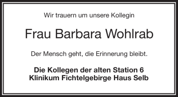 Traueranzeige von Barbara Wohlrab von Frankenpost