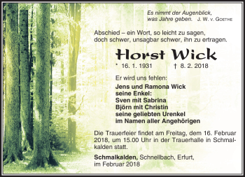 Traueranzeige von Horst Wick von Südthüringer Presse