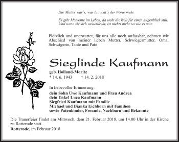 Traueranzeige von Sieglinde Kaufmann von Südthüringer Presse